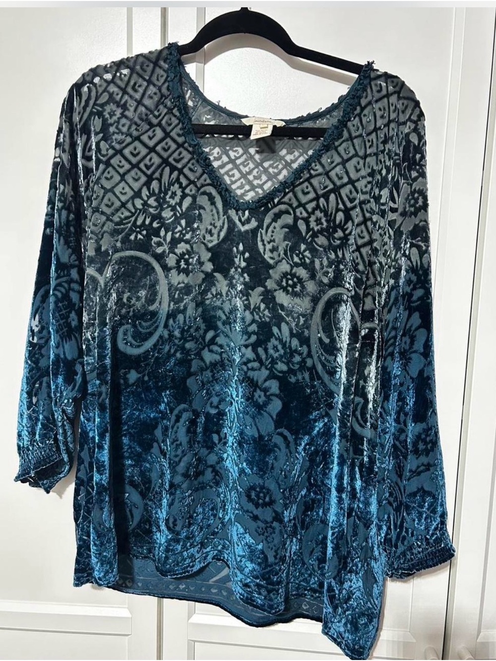 Sundance Teal Blue Velvet Burnout Floral V-Neck Tunic Boho